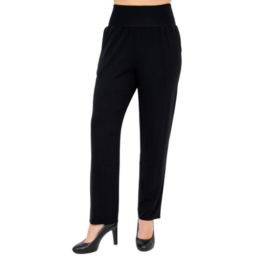 bottom of female model wearing black clair petite pants front view on white background