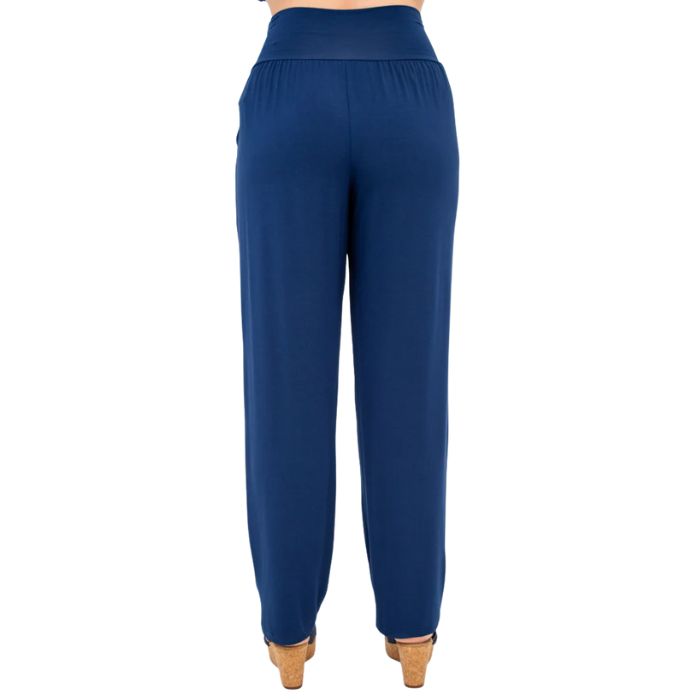 bottom of female model wearing indigo blue clair petite pants back view on white background