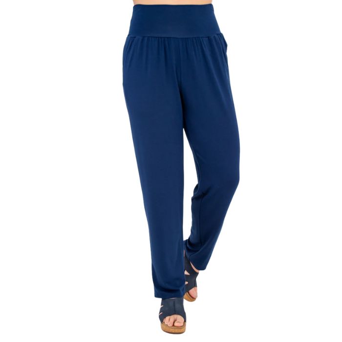 bottom of female model wearing indigo blue clair petite pants front view on white background