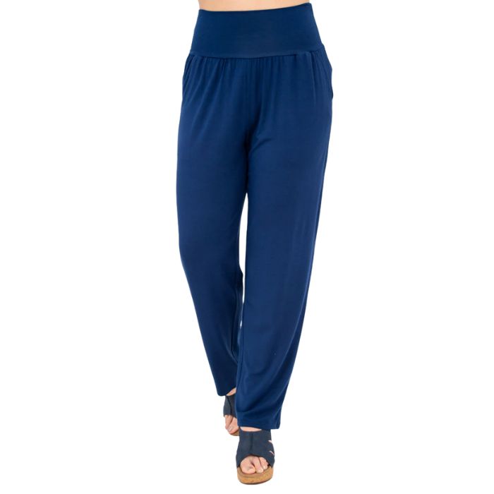 bottom of female model wearing indigo blue clair petite pants front view on white background