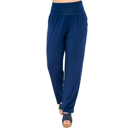 bottom of female model wearing indigo blue clair petite pants front view on white background