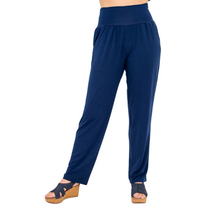 bottom of female model wearing indigo blue clair petite pants front view on white background