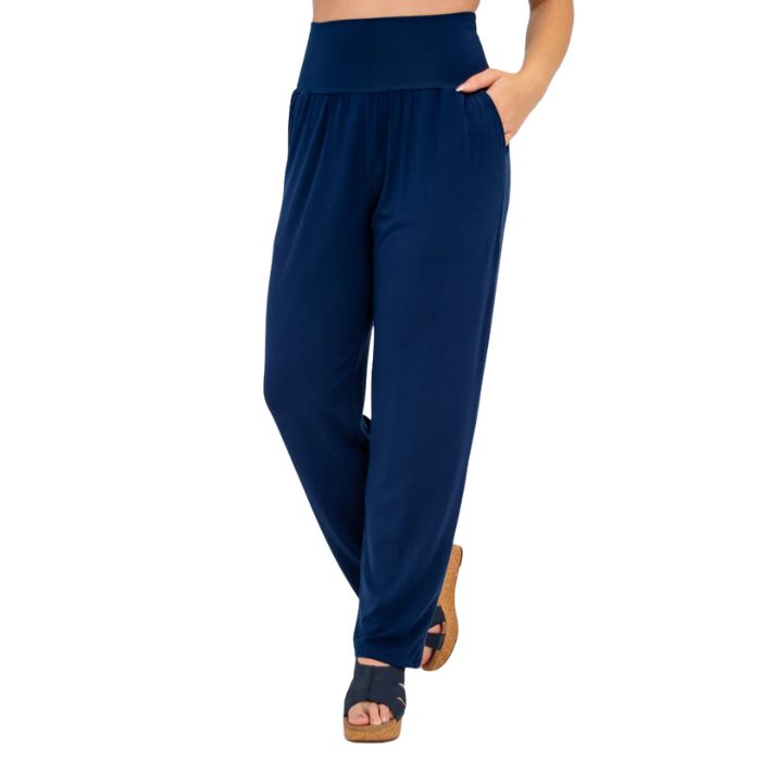 bottom of female model wearing indigo blue clair petite pants front view on white background