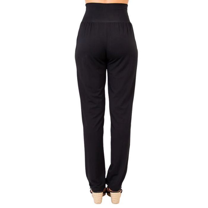 bottom of female model wearing black daya pants back view on white background