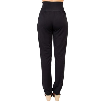 bottom of female model wearing black daya pants back view on white background