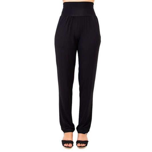 bottm of female model wearing black clair pants tall front view on white backround