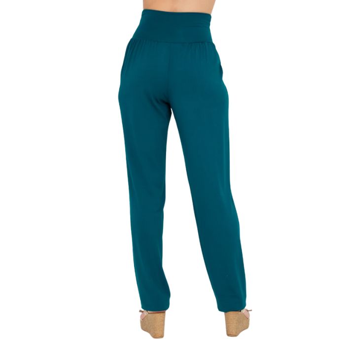 female model wearing teal green clair pants waist down back view on white background