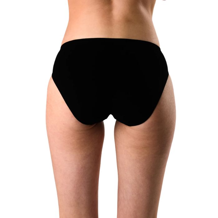body of female model wearing black classic cut panties back view on white background
