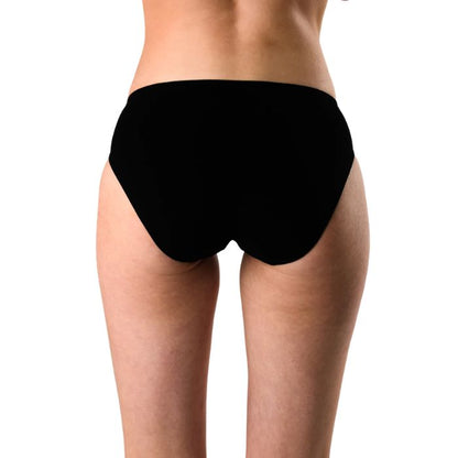 body of female model wearing black classic cut panties back view on white background