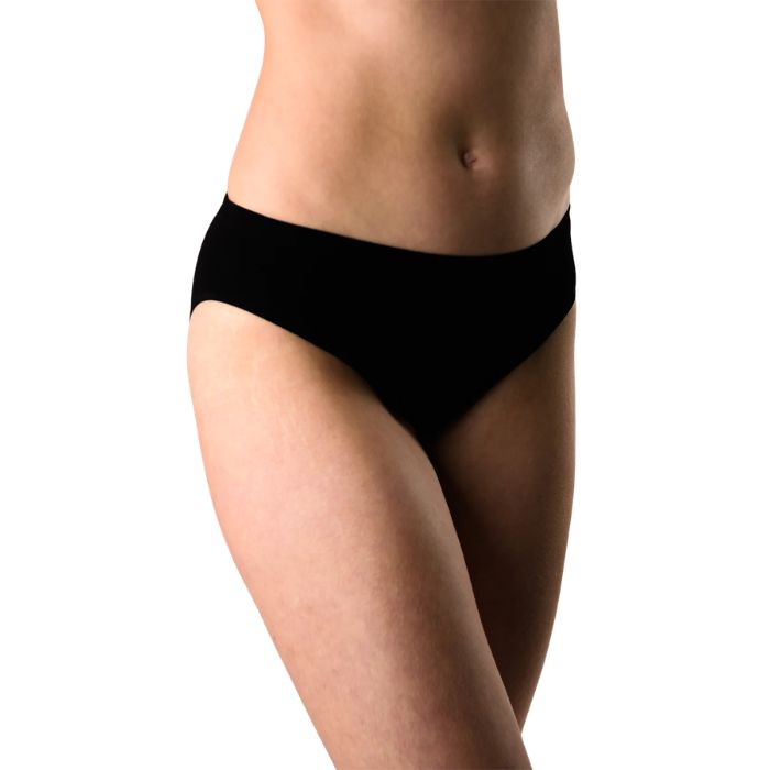 body of female model wearing black classic cut panties front view on white background