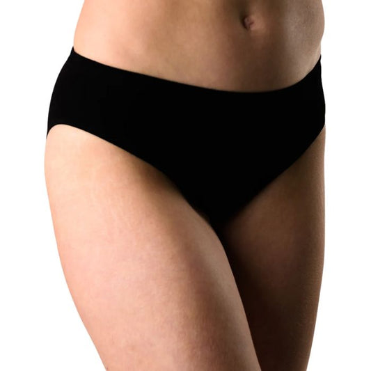 body of female model wearing black classic cut panties front view on white background