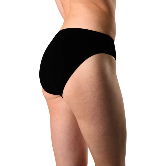 body of female model wearing black classic cut panties side view on white background