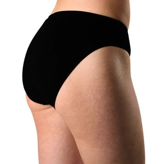 body of female model wearing black classic cut panties back view on white background