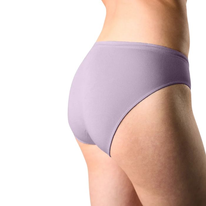 body of female model wearing dusty purple classic cut panties back view on white background