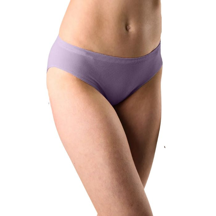 body of female model wearing dusty purple classic cut panties front view on white background