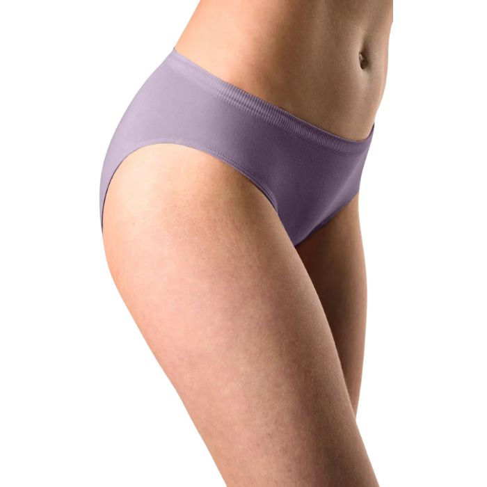 body of female model wearing dusty purple classic cut panties side view on white background