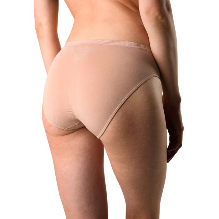 body of female model wearing beige brown classic cut panties back view on white background