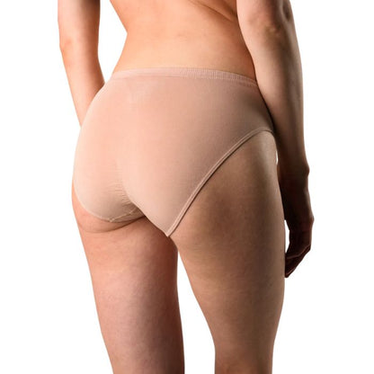 body of female model wearing beige brown classic cut panties back view on white background