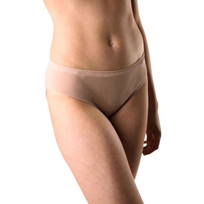 body of female model wearing beige brown classic cut panties front view on white background