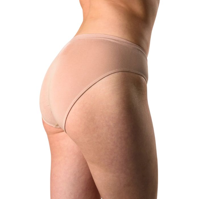 body of female model wearing beige brown classic cut panties side view on white background