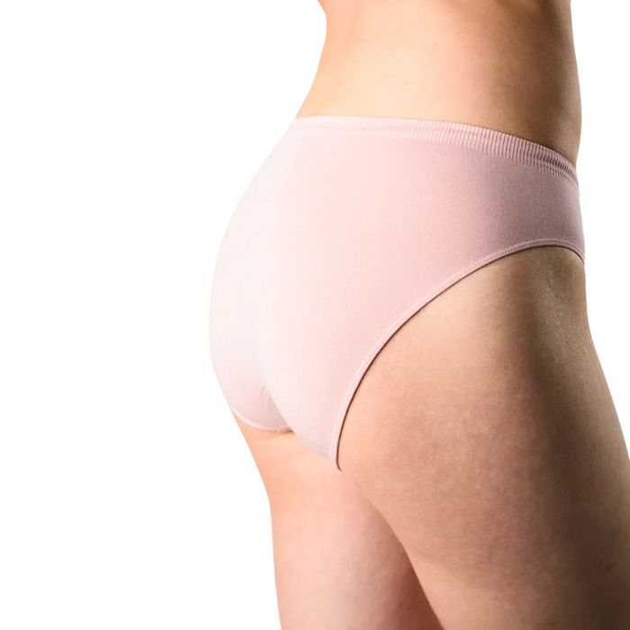 body of female model wearing pink   classic cut panties back view on white background