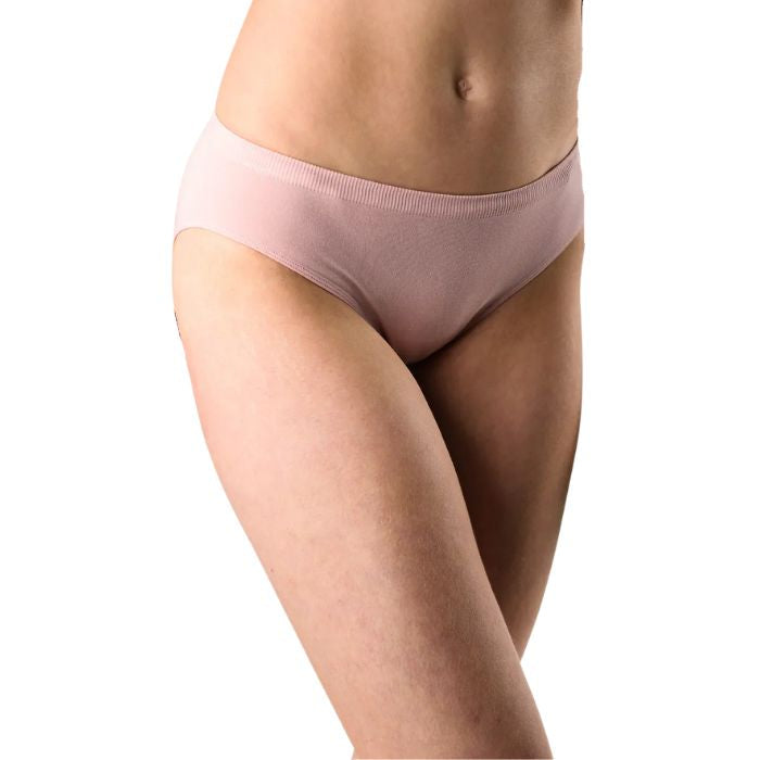 body of female model wearing pink   classic cut panties front view on white background