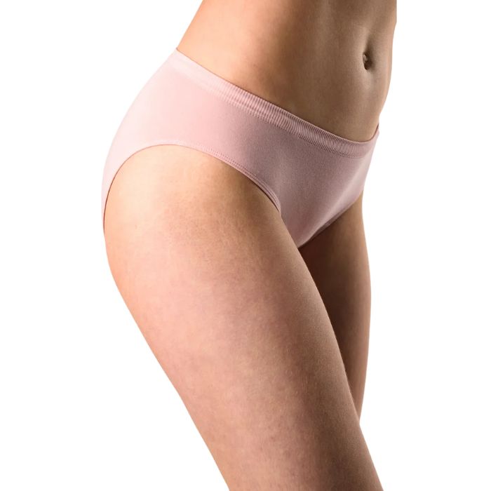 body of female model wearing pink   classic cut panties side view on white background