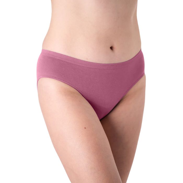 body of female model wearing wild rose pink classic cut panties front view on white background