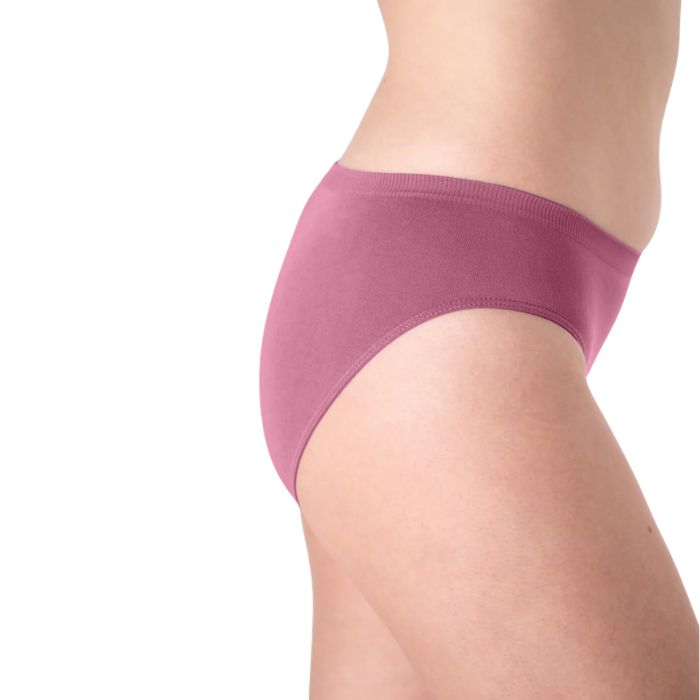 body of female model wearing wild rose pink classic cut panties side view on white background