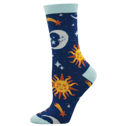 Clear Skies Sock navy blue sock with sun, moon and stars print on white background