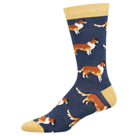 collies sock blue crew sock with collie dog print on white background
