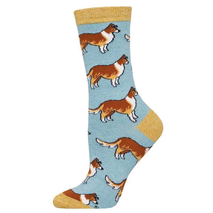 collies sock light blue crew sock with collie dog print on white background