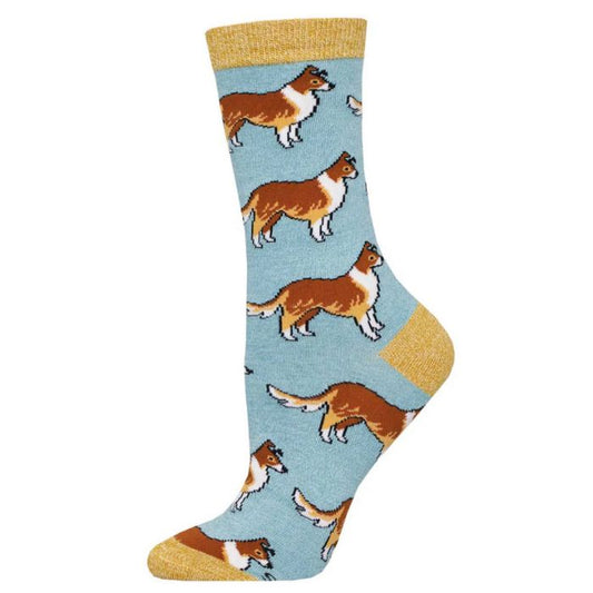 collies sock light blue crew sock with collie dog print on white background