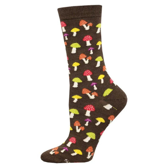 Colorful caps sock brown sock with colorful mushroom print on white background