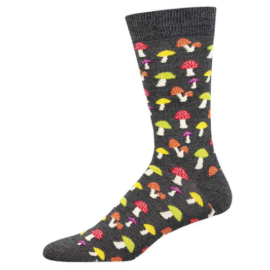 Colorful caps sock charcoal grey sock with colorful mushroom print on white background