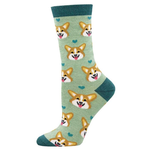 Corgi face sock light green crew sock with corgi dog face print on white background
