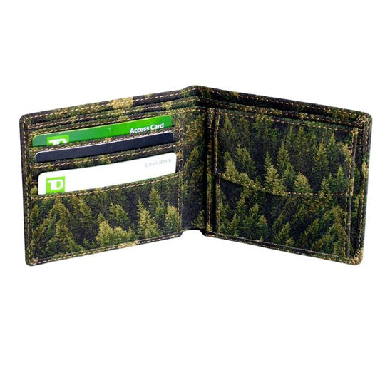 forest cork bifold wallet open on white background