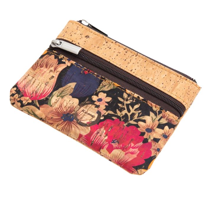 floral cork coin purse on white background