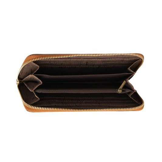 black cork clutch wallet open on white background