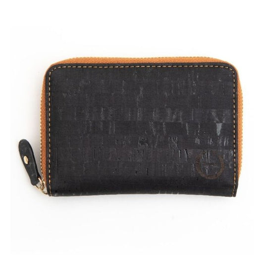 black cork zip-up wallet on white background