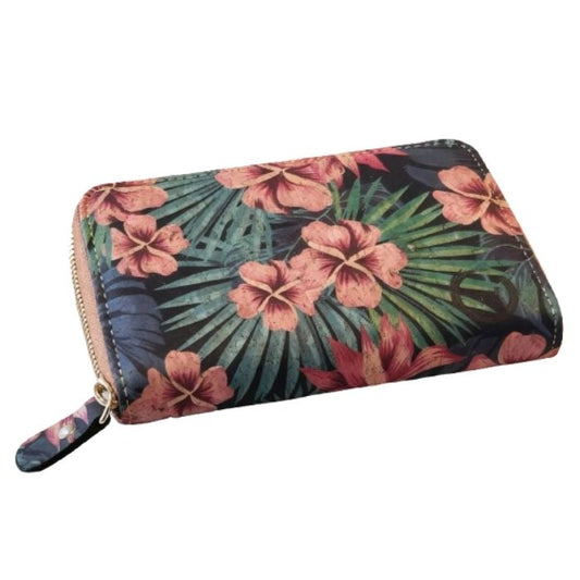 floral cork zip-up wallet on white background