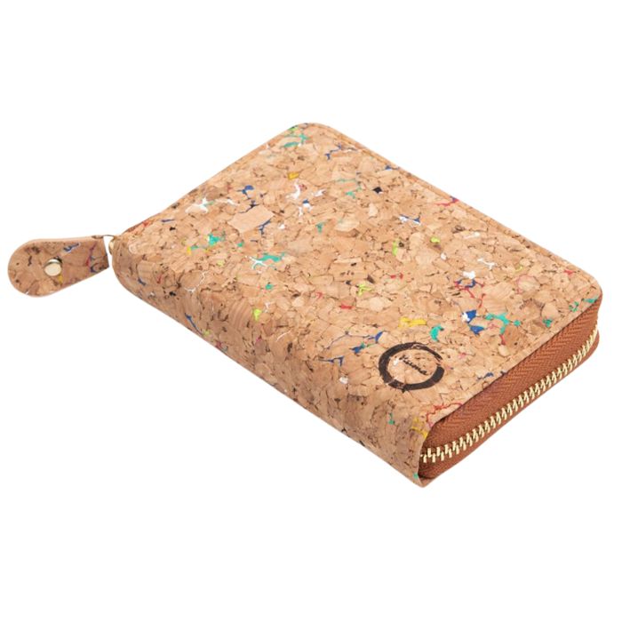 cork zip-up wallet natural with coloured speckles on white backgound