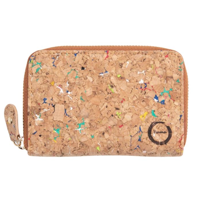 cork zip-up wallet natural with coloured speckles on white backgound