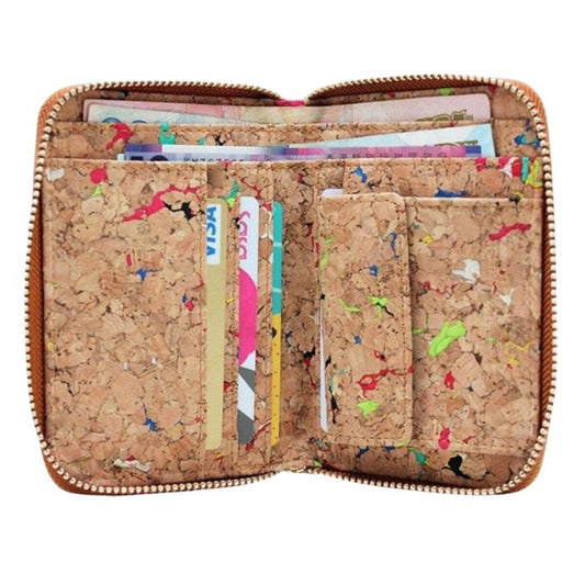 cork zip-up wallet natural with coloured speckles on white backgound