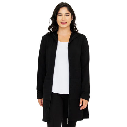 a woman wearing black cortes jacket waist up front view set on a studio white background
