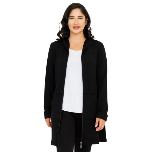 a woman wearing black cortes jacket waist up front view set on a studio white background