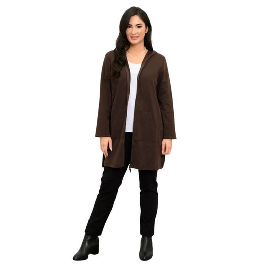 a woman wearing coffee brown cortes jacket, white jazz tank top and black nadia pants front view set on a studio white background