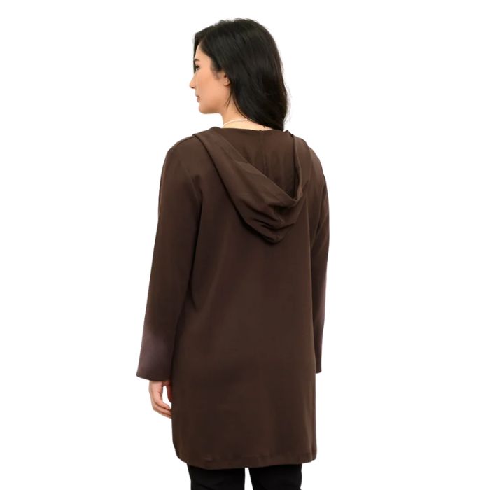 a woman wearing coffee brown cortes jacket waist up back view set on a studio white background