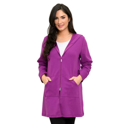 a woman wearing grape juice purple cortes jacket and jazz tank top waist up front view set on a studio white background