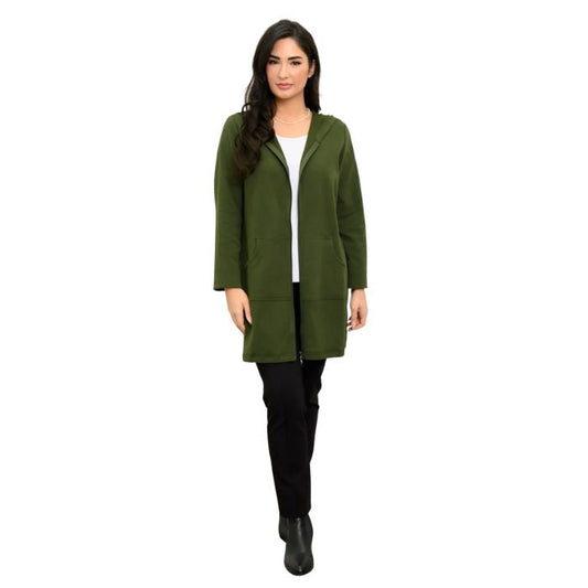 a woman wearing kombu green cortes jacket, white jazz tank top and black nadia pants front view set on a studio white background